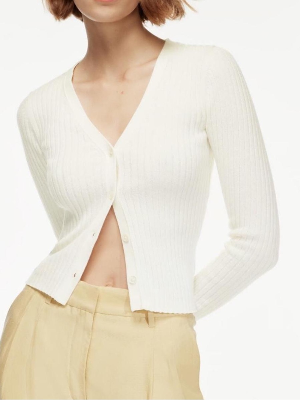 Aritzia Wilfred Manila Cardigan in Light Birch - Wool Cotton Cream Ribbed V-Neck